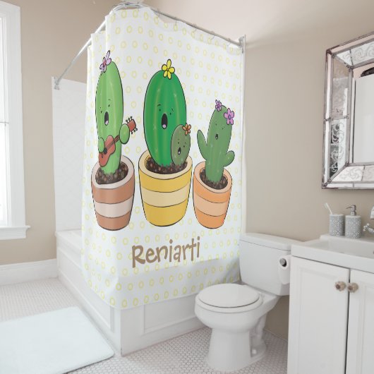 Cute cactus trio singing cartoon illustratie douchegordijn (In situ)