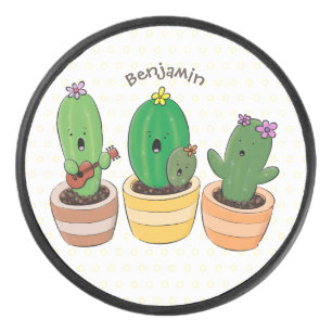 Cute cactus trio singing cartoon illustratie hockey puck