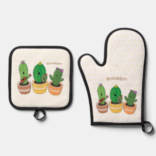 Cute cactus trio singing cartoon illustratie ovenwant & pannenlap set