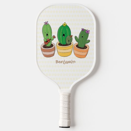Cute cactus trio singing cartoon illustratie pickleball paddle (Achterkant)