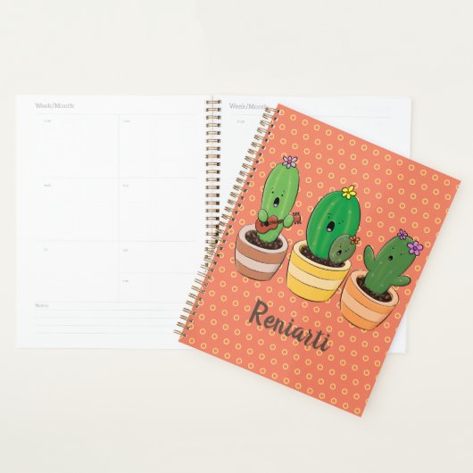 Cute cactus trio singing cartoon illustratie planner (Display)