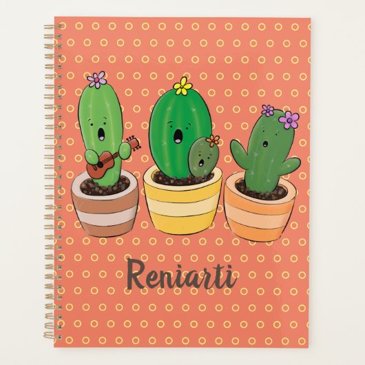 Cute cactus trio singing cartoon illustratie planner (Voorkant)