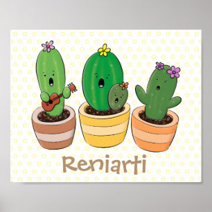 Cute cactus trio singing cartoon illustratie poster