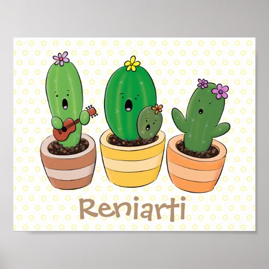 Cute cactus trio singing cartoon illustratie poster (Voorkant)