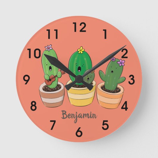 Cute cactus trio singing cartoon illustratie ronde klok (Voorkant)