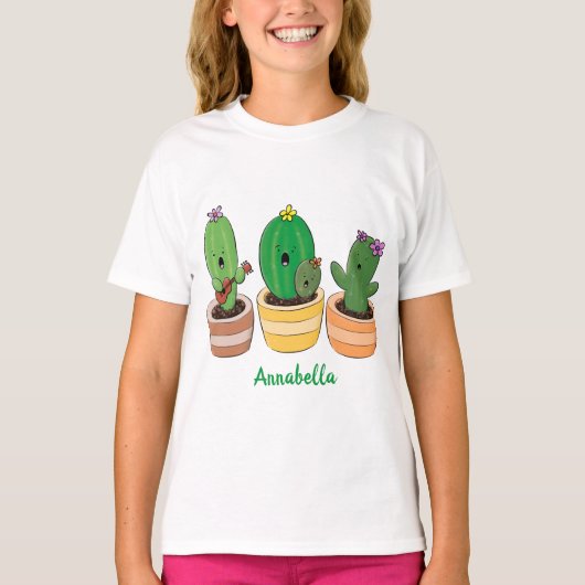 Cute cactus trio singing cartoon illustratie t-shirt (Voorkant)