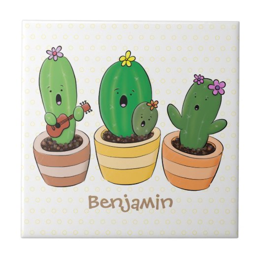Cute cactus trio singing cartoon illustratie tegeltje (Voorkant)