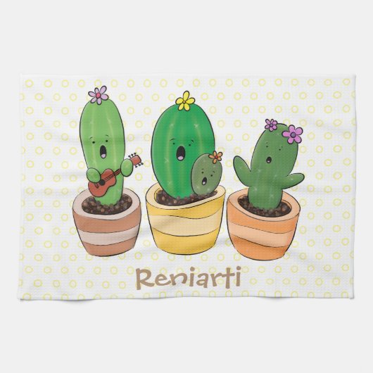 Cute cactus trio singing cartoon illustratie theedoek (Horizontaal)
