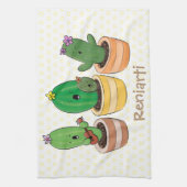 Cute cactus trio singing cartoon illustratie theedoek (Verticaal)