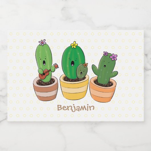 Cute cactus trio singing cartoon illustratie voedselcontainer etiket (Enkel label)