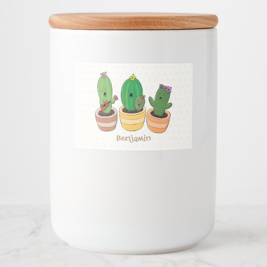 Cute cactus trio singing cartoon illustratie voedselcontainer etiket (Voorkant)