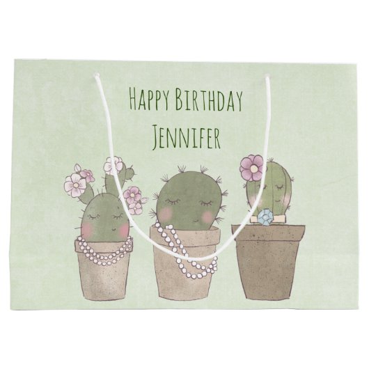 Cute Cactus Trio Wearing Jewelry Birthday Groot Cadeauzakje (Achterkant)