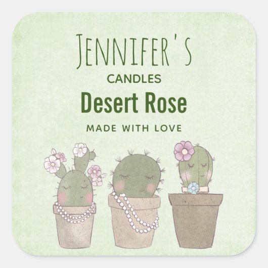 Cute Cactus Trio Wearing Jewelry Candle Business Vierkante Sticker (Voorkant)