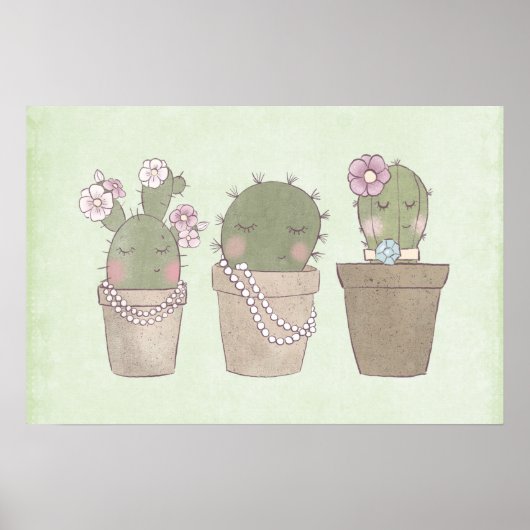 Cute Cactus Trio Wearing Jewelry Poster (Voorkant)