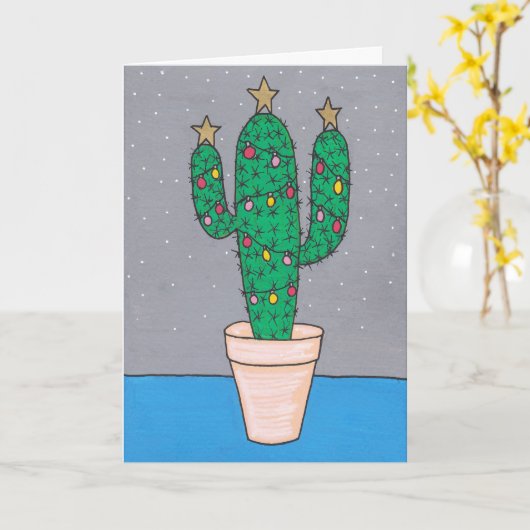 Cute cactus, versierd voor Kerstmis, gepersonalise Kaart (Gele Bloem)