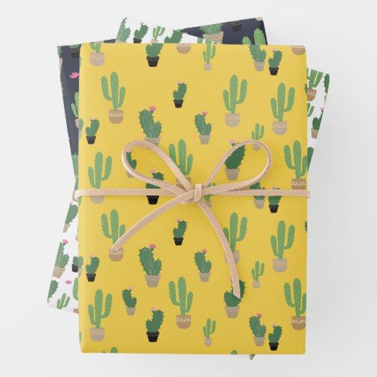Cute Cactus Yellow Blue Pattern Wrapping Inpakpapier Vel (In situ)