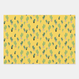 Cute Cactus Yellow Blue Pattern Wrapping Inpakpapier Vel