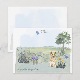 Cute Cairn Terrier Dog Butterfly Monogram & naam  Notitiekaartje