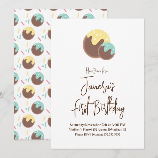 Cute Cake Pop Balls First Birthday Uitnodiging (Voorkant / Achterkant)