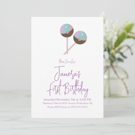 Cute Cake Pop Snoep Bar First Birthday Uitnodiging (Staand voorkant)