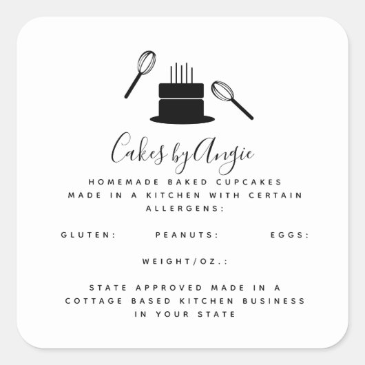 Cute Cake Whisk Food Business Black White Vierkante Sticker (Voorkant)