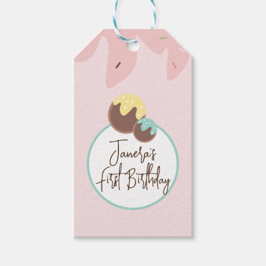Cute Cakepop Balls First Birthday Frosting Cadeaulabel (Voorkant)