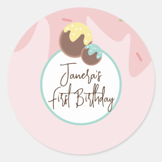 Cute Cakepop Balls First Birthday Frosting Ronde Sticker (Voorkant)