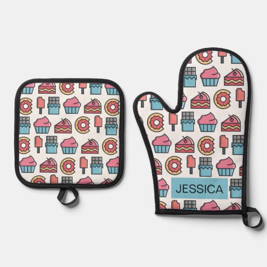 Cute Cakes and Desserts Pattern Personalized Ovenwant & Pannenlap Set (Voorkant)