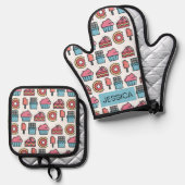 Cute Cakes and Desserts Pattern Personalized Ovenwant & Pannenlap Set (Voorkant / Achterkant)