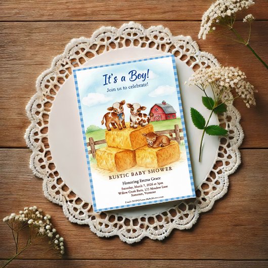 Cute Calf Baby Shower Gingham Hay Invitation Briefkaart