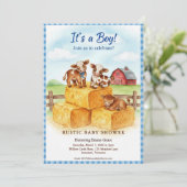 Cute Calf Baby Shower Gingham Hay Invitation Kaart (Staand voorkant)