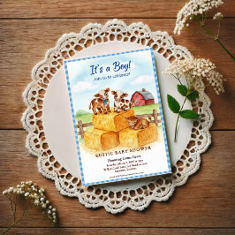 Cute Calf Baby Shower Gingham Hay Invitation Kaart