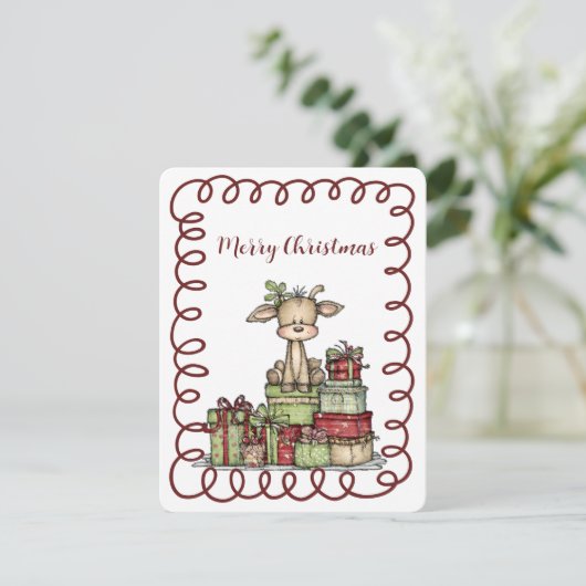 Cute Calf Sitting on a Stack of Christmas Presents Feestdagenkaart (Staand voorkant)