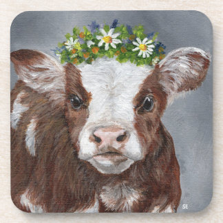 Cute Calf with Floral Crown Bier Onderzetter