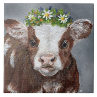 Cute Calf with Floral Crown Tegeltje