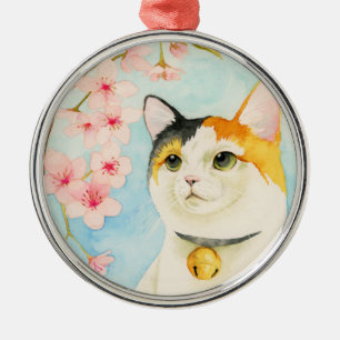 Cute Calico Cat met Waterverf roze bloemen Metalen Ornament