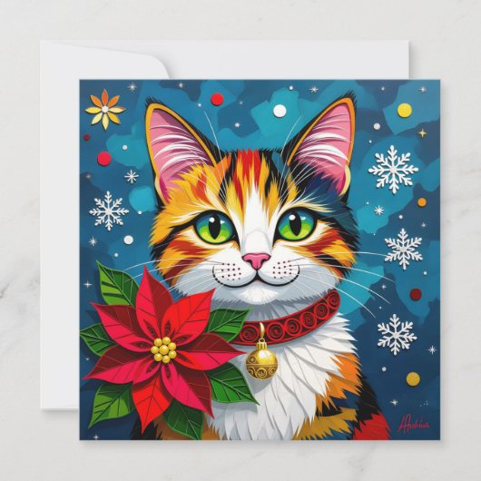 Cute Calico Cat with Poinsettias Custom Christmas Feestdagenkaart (Voorkant)