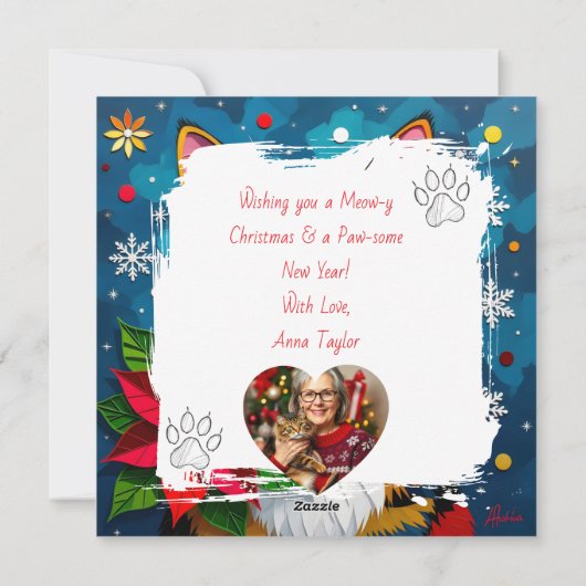 Cute Calico Cat with Poinsettias Custom Christmas Feestdagenkaart (Achterkant)