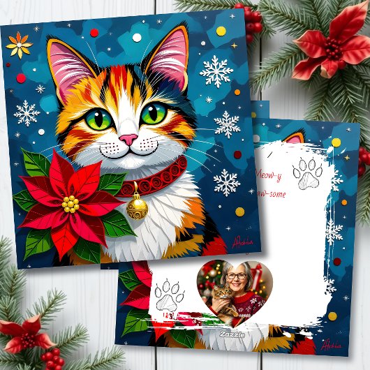 Cute Calico Cat with Poinsettias Custom Christmas Feestdagenkaart