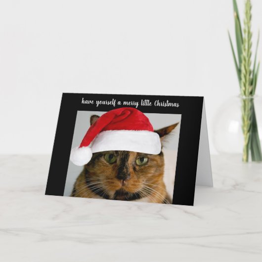 Cute calico cat with Santa cap, personalized Feestdagen Kaart (Voorkant)