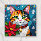 Cute Calico Kitty Cat and Poinsettia Christmas Bedankjes Labels (Voorkant)
