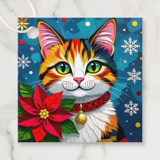 Cute Calico Kitty Cat and Poinsettia Christmas Bedankjes Labels (Voorkant)