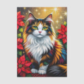 Cute Calico Kitty Cat and Poinsettia Christmas Tissuepapier (Voorkant)