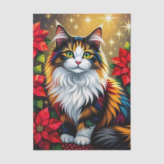 Cute Calico Kitty Cat and Poinsettia Christmas Tissuepapier (Voorkant)