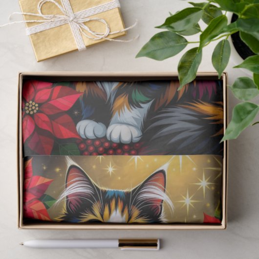 Cute Calico Kitty Cat and Poinsettia Christmas Tissuepapier (Geschenk)