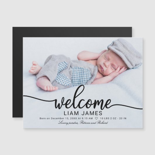 Cute Calligraphy Photo Birth Announcement Cards (Voorkant / Achterkant)