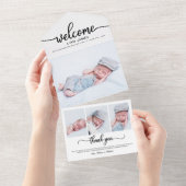 Cute Calligraphy Photo Birth Announcement Cards All In One Uitnodiging (Afscheurbaar)