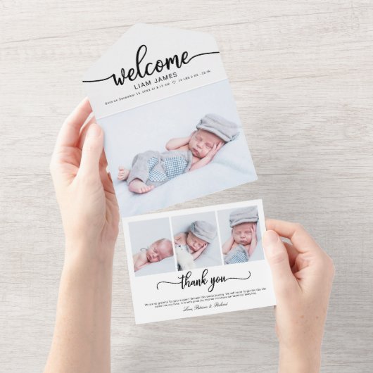 Cute Calligraphy Photo Birth Announcement Cards All In One Uitnodiging (Afscheurbaar)