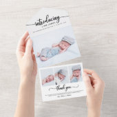 Cute Calligraphy Photo Birth Announcement Cards All In One Uitnodiging (Afscheurbaar)