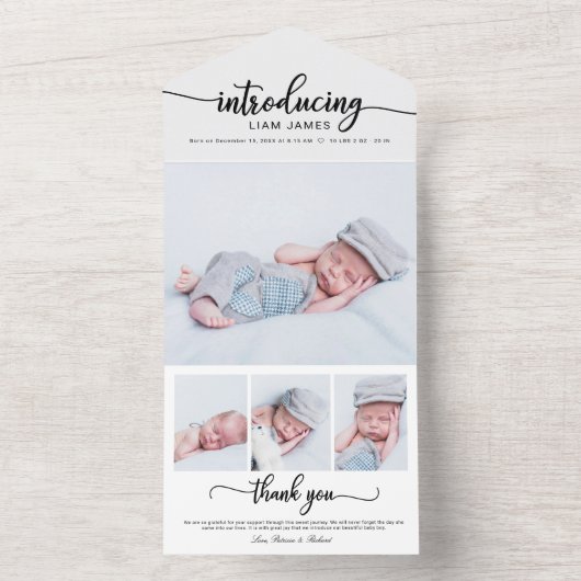 Cute Calligraphy Photo Birth Announcement Cards All In One Uitnodiging (Binnen)
